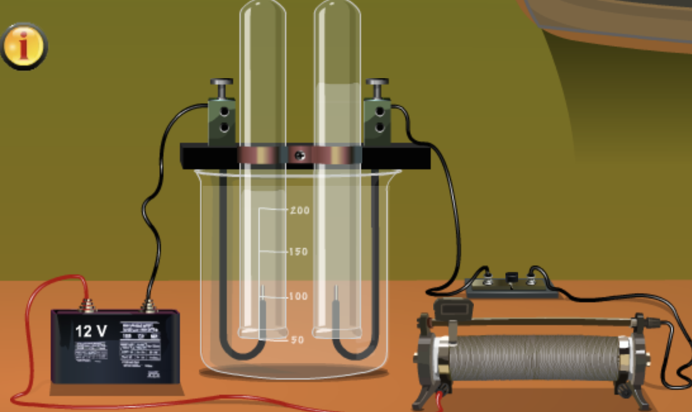 OLabs water electrolysis sim — two inverted test tubes in a beaker connected to a 12 V battery. The left tube has visibly more gas collected than the right; both tubes have a volume scale marked from 50 to 200 mL on the side of the beaker.