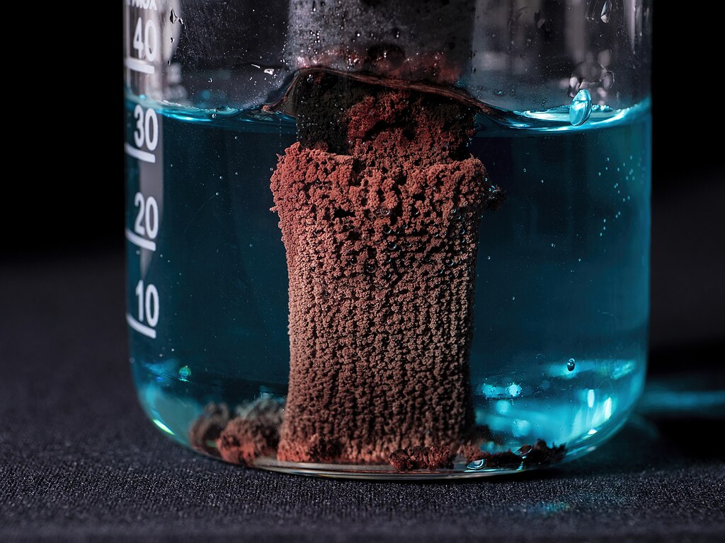 Test tube showing a zinc strip in copper(II) sulfate solution, with copper deposited on the zinc and fading blue colour.